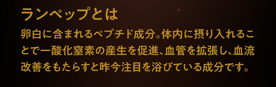 ランペップとは卵白に含まれるペプチド成分。体内に摂り入れることで一酸化窒素の産生を促進、血管を拡張し、血流改善をもたらすと昨今注目を浴びている成分です。